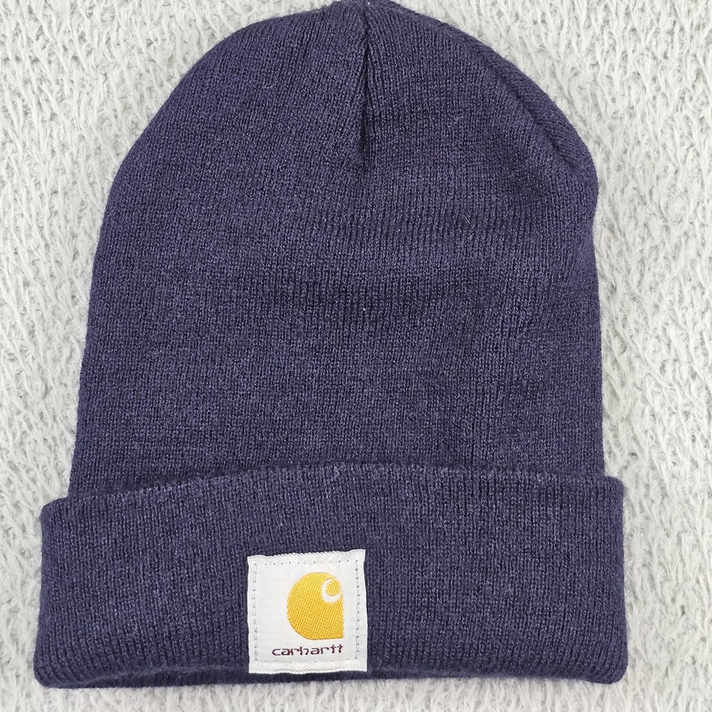 Carhartt Hat Mens One Size Navy Blue Knit Beanie Cuffed Watch Logo Made USA A18